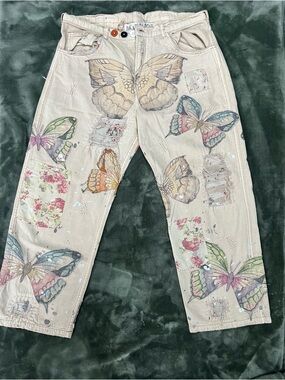 Magnolia Pearl Ranchero Butterfly Distressed Denim Trousers Jeans